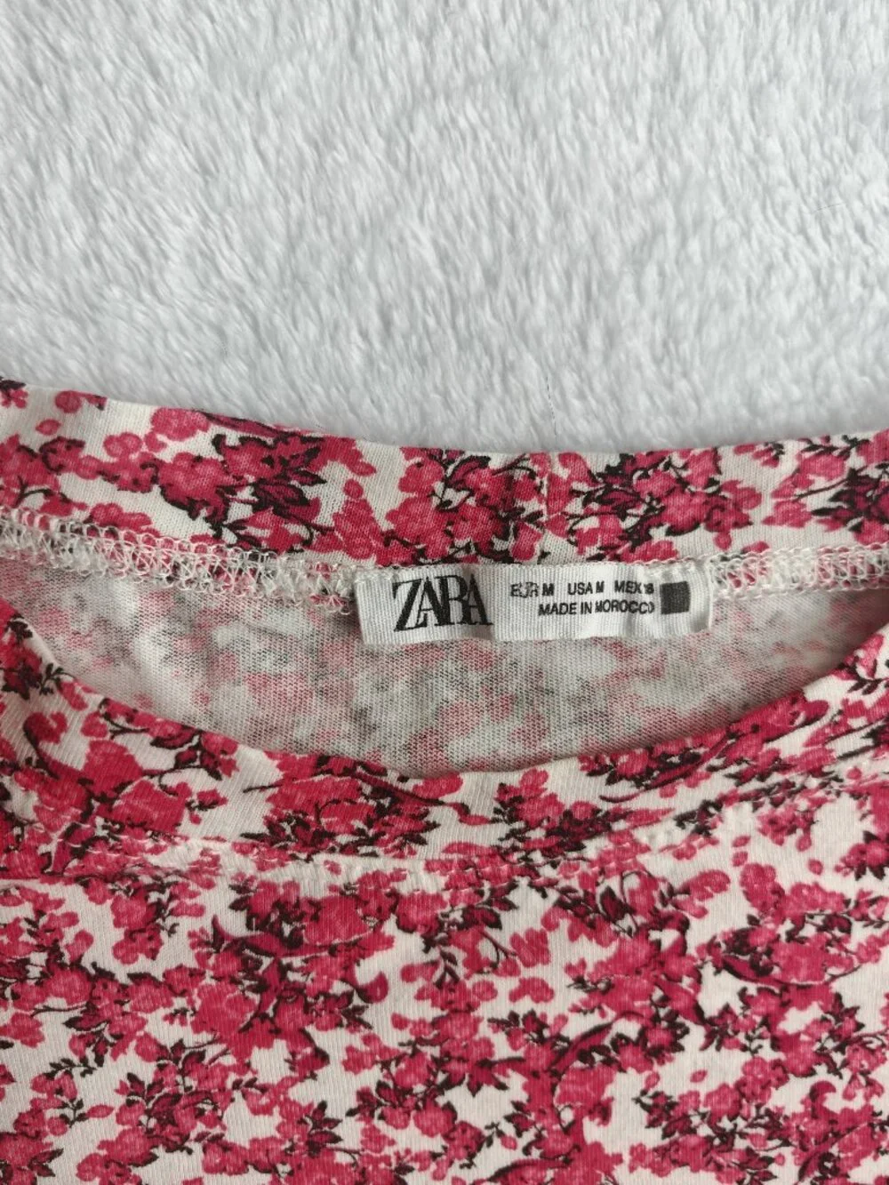 ZARA Floral Puff Sleeve Top Red Pink Fitted Blouse Size M Romantic Cottagecore S